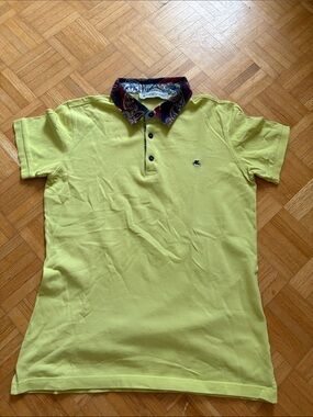 Etro Men's Lime Green Polo Shirt with Paisley Trim Collar